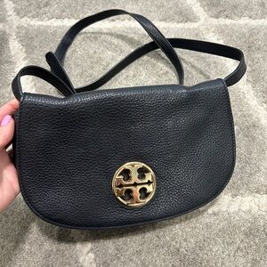 Tory Burch Black and Gold Crossbody Bag with Iconic Logo